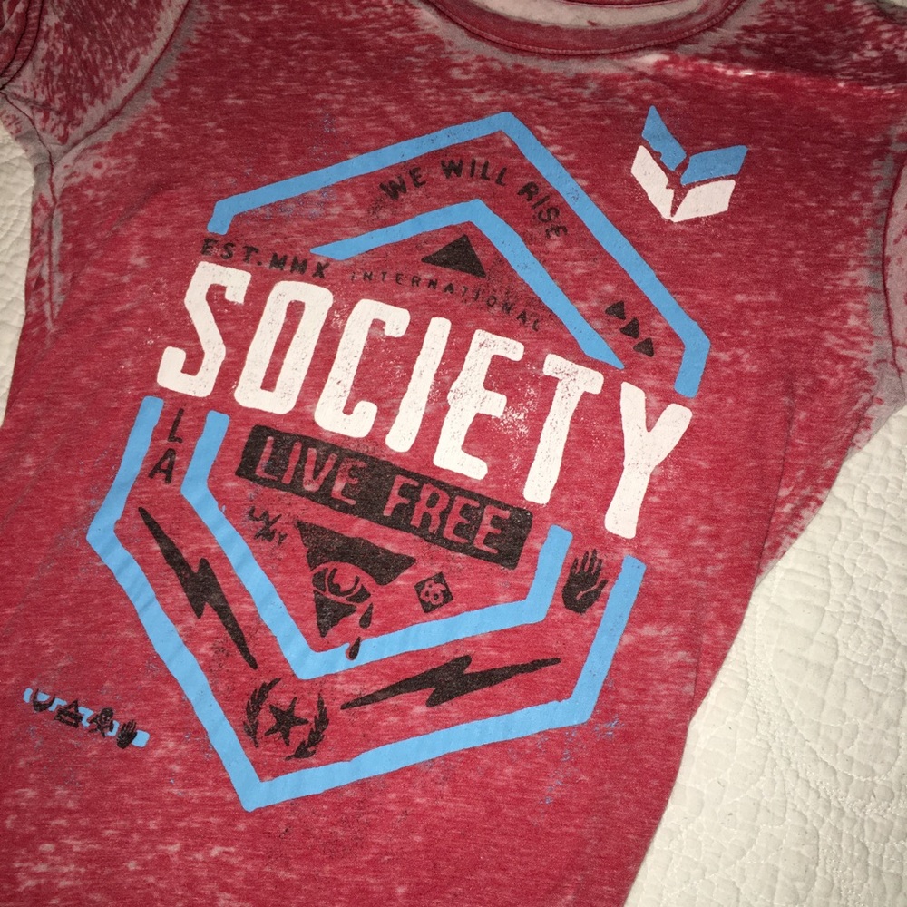 Society Women's Red and Blue Graphic Tee